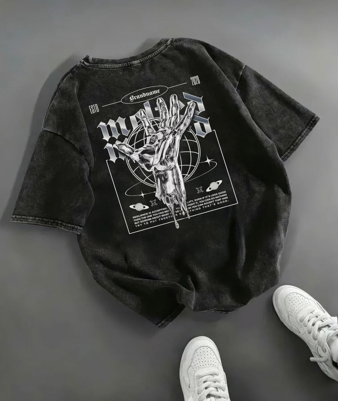 Siyah Renk Baskılı Unisex Oversize Kesim Yıkamalı Vintage Tişört