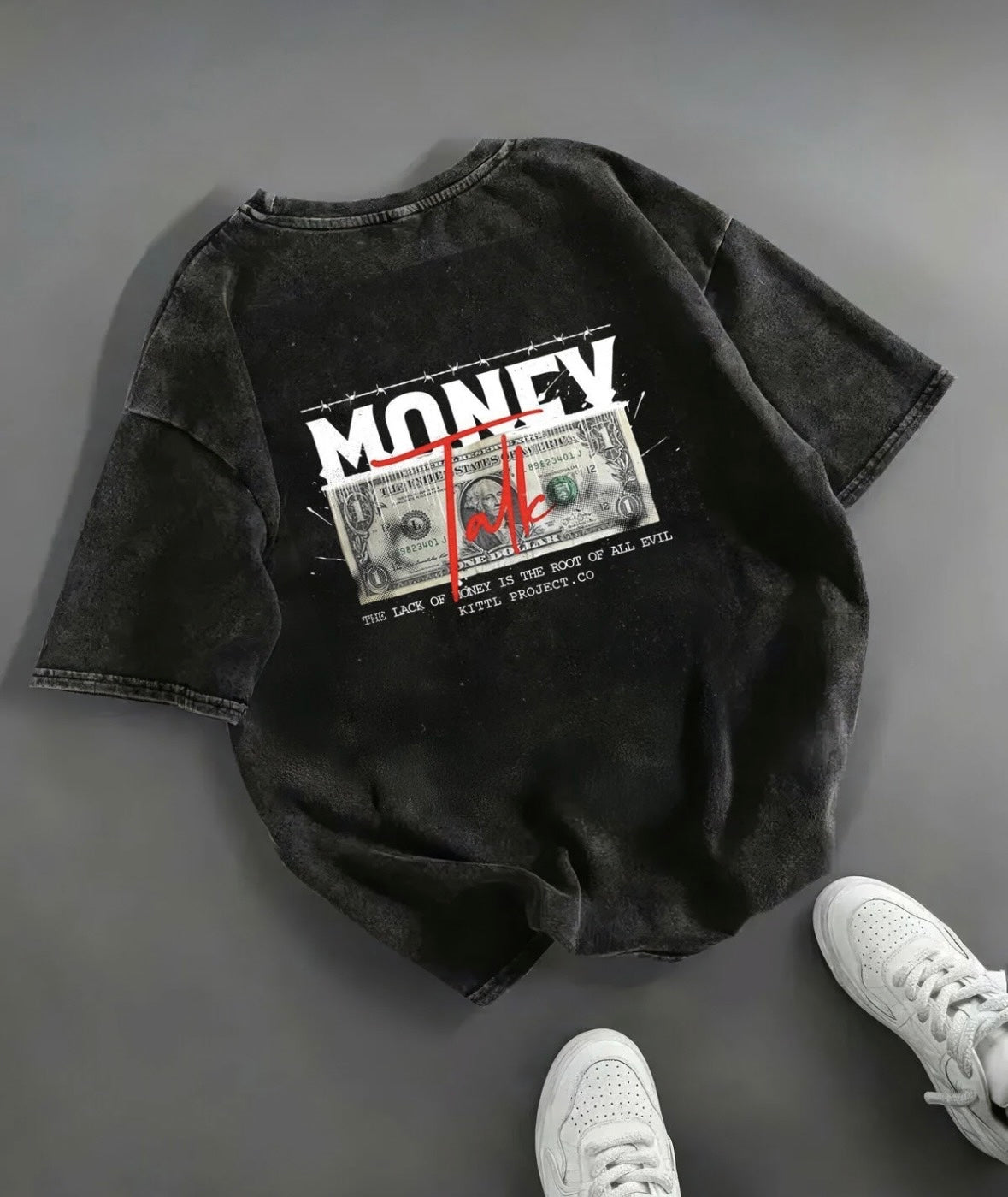 Siyah Renk Money Baskılı Unisex Oversize Kesim Yıkamalı Vintage Tişört