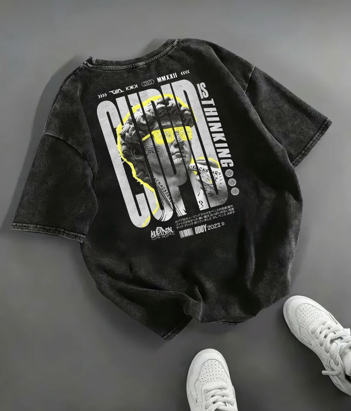 Siyah Renk Baskılı Unisex Oversize Kesim Yıkamalı Vintage Tişört